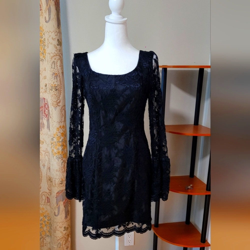 Vintage Custom made black lace cocktail dress. Size 4